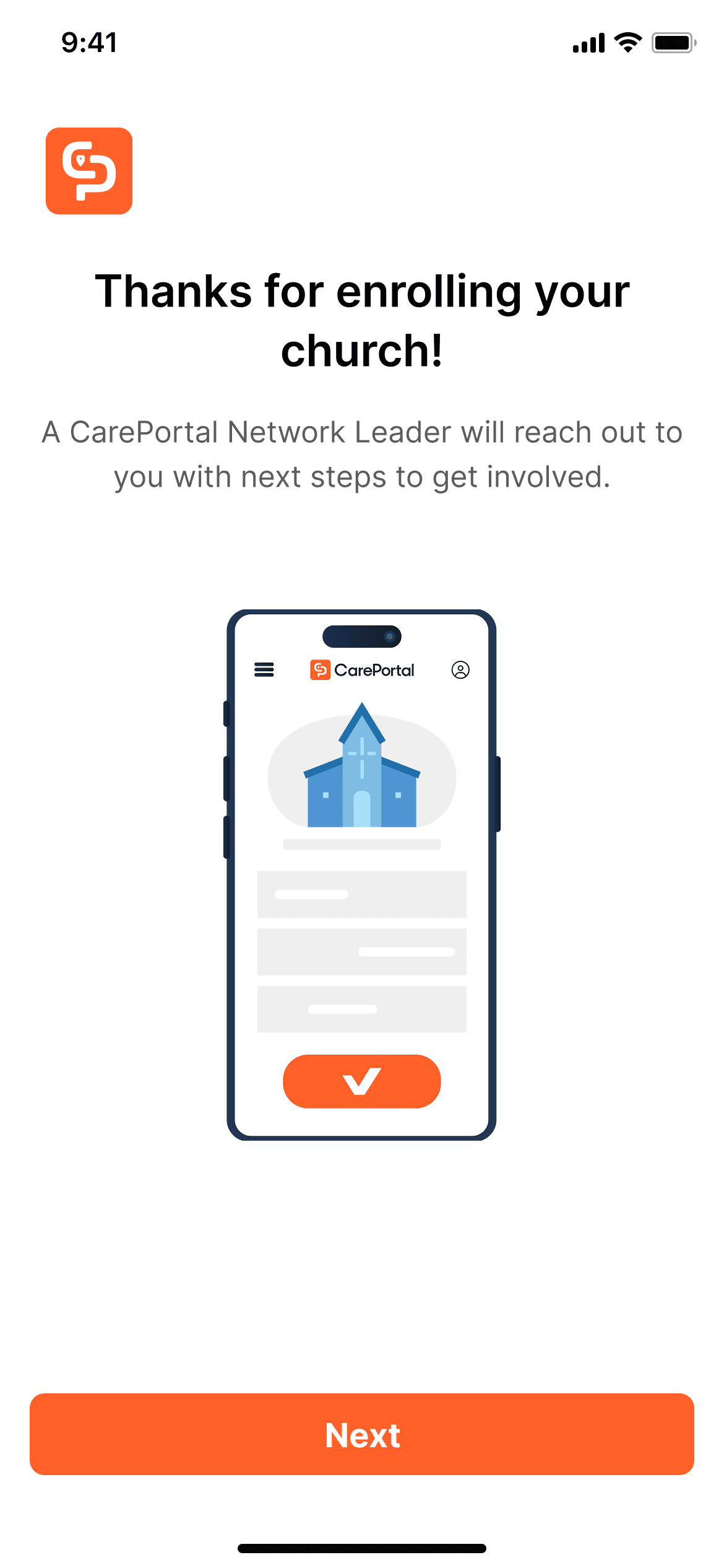 Enrollment confirmation screen thanking user with church building icon on phone illustration