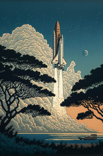 Space shuttle Japanese woodblock print