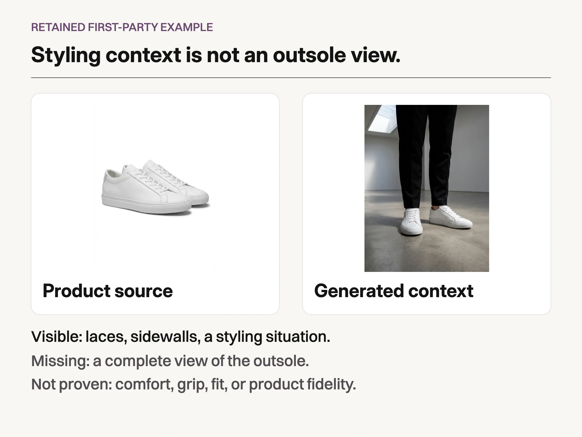 Owned sneaker source beside generated sneaker styling context; neither shows the complete outsole