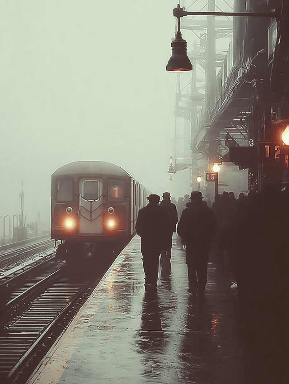 A subway train approaches a foggy, rain-soaked platform as silhouetted commuters stand and walk along the glistening tracks, lit by dim streetlamps in a moody, vintage scene.