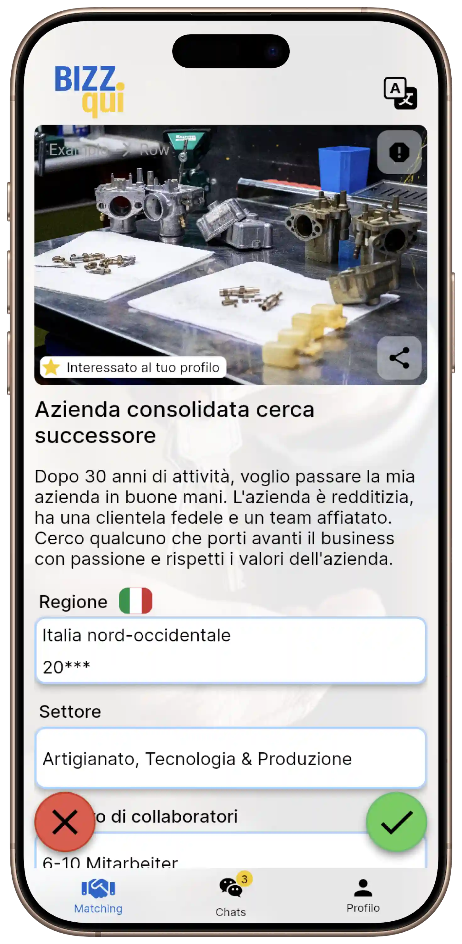 BIZZqui Profilo Aziendale: rileva una piccola impresa con dati su fatturato, collaboratori e sede – piattaforma discreta per la successione aziendale