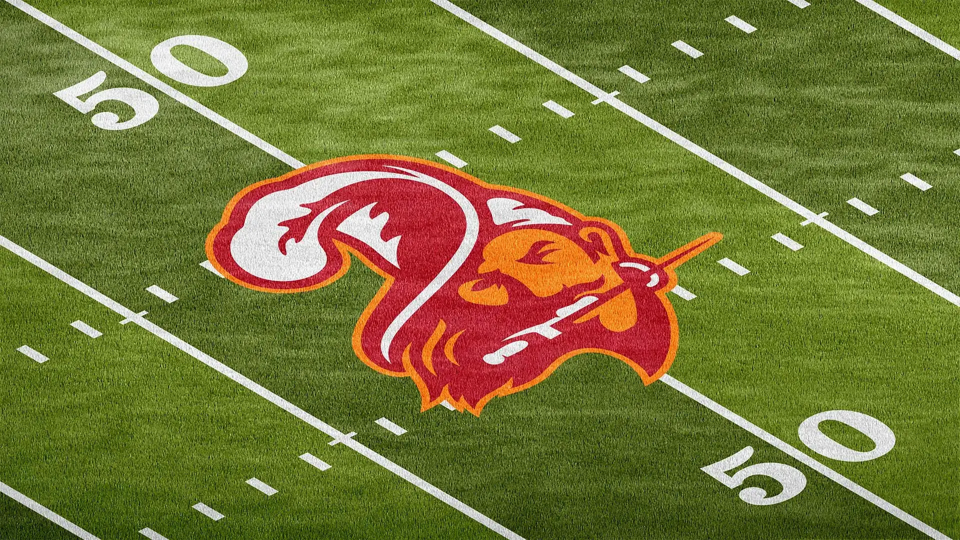Wide shot of the center of an American football field with a pirate logo painted on the grass.