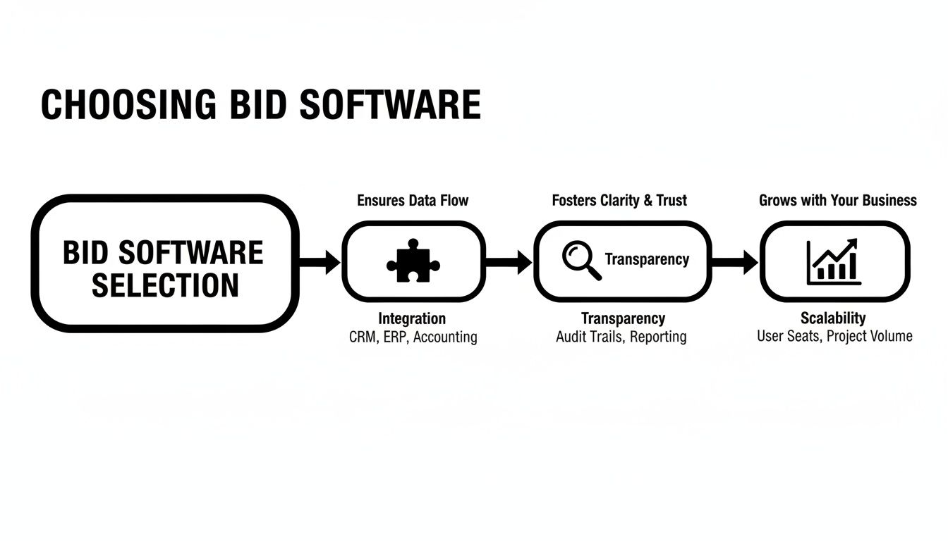 Flowchart illustrating key steps in choosing bid software: selection, integration, transparency, and scalability.