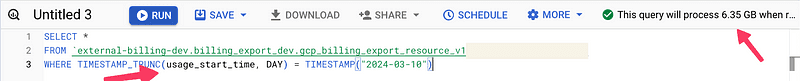 The image shows a database query interface with a SQL statement. The query will process 6.35 GB when filtering by the date where the cost was produced, with the specific date mentioned being "2024-03-10". 