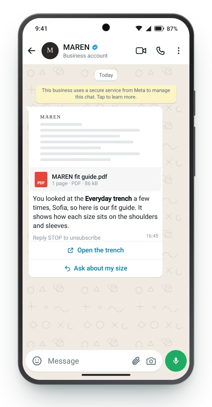 A fit guide after a second look: WhatsApp browse follow-up on an Android phone