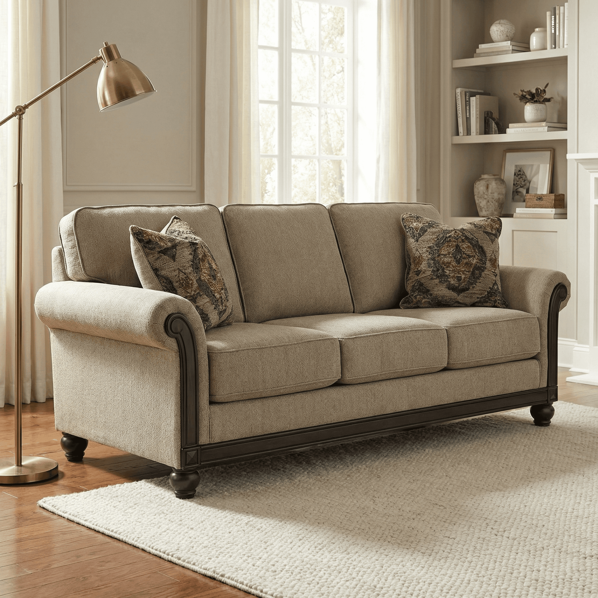 A structured three‑seater with compact cushions, straight lines, and a contemporary‑classic feel.