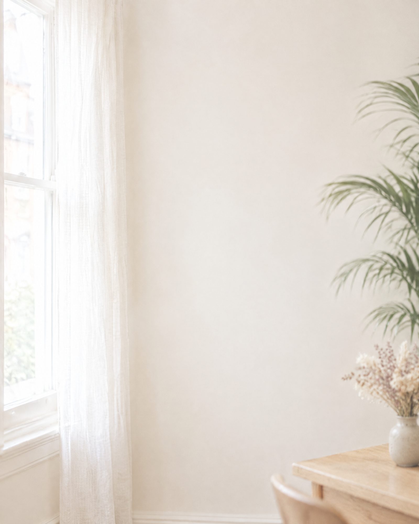 A pale corner of the home office: a sash window with a linen curtain, a palm and dried flowers on the desk.