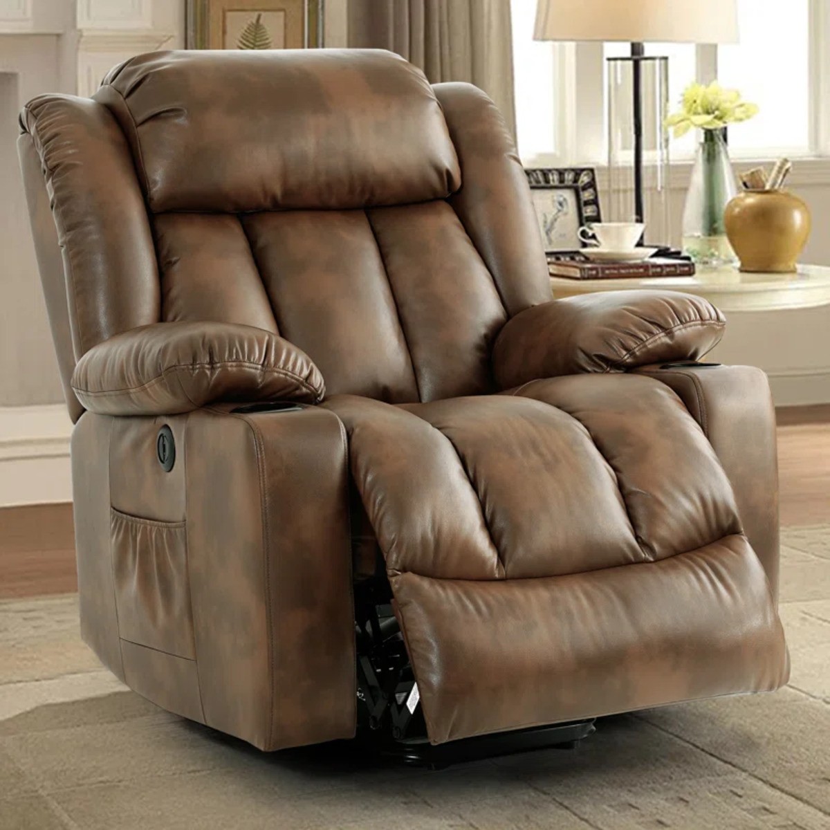 Large brown Latitude Run large power lift recliner chair with massage and heat functions