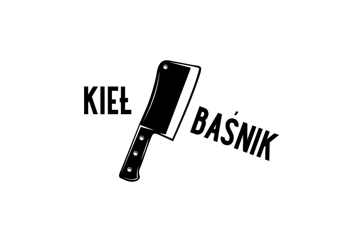 Logo firmy Kiełbaśnik przedstawiające rzeźnicki tasak pomiędzy słowami 'KIEŁ' i 'BAŚNIK', utrzymane w minimalistycznym czarno-białym stylu.