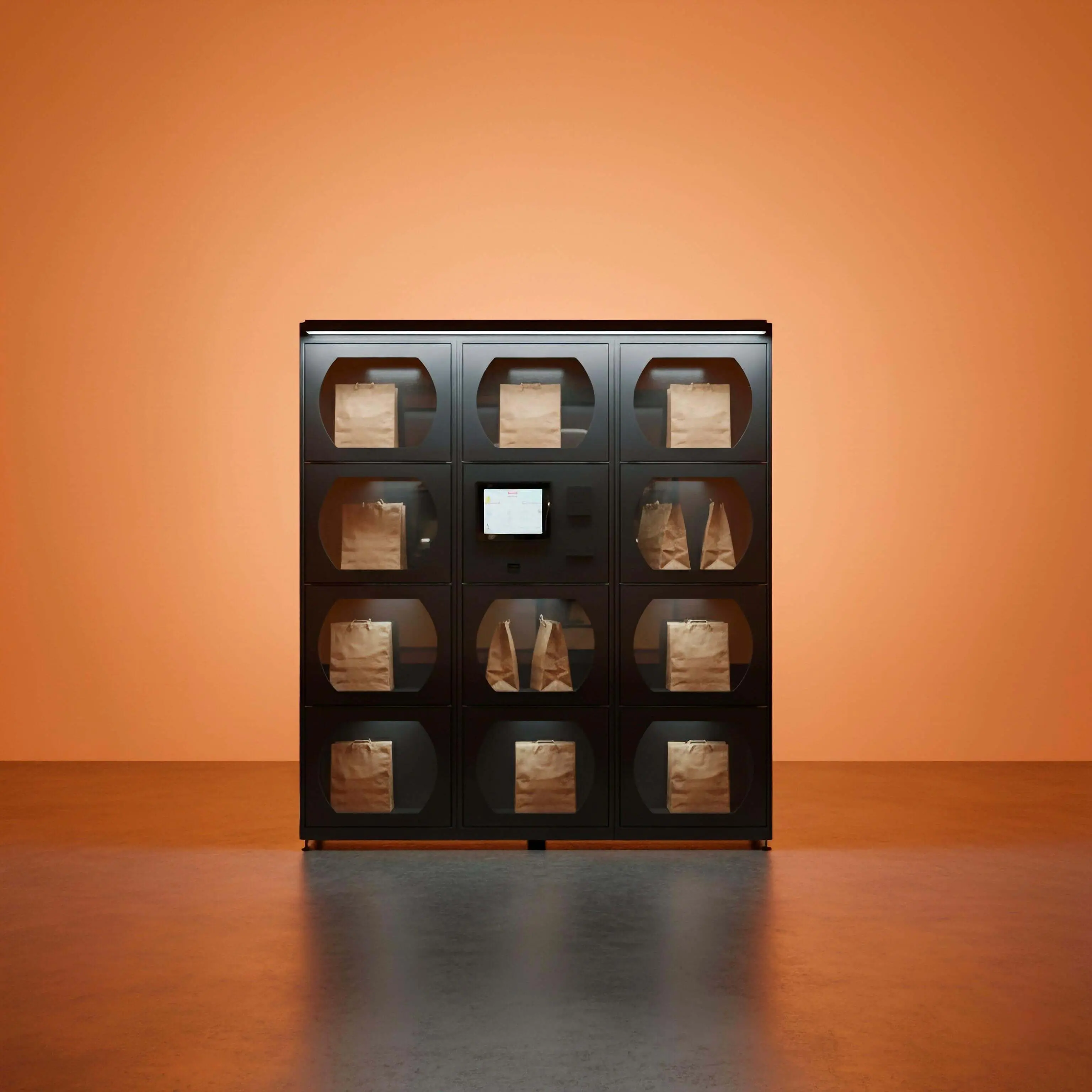 Heated parcel locker for warm food delivery and temperature-sensitive goods. Thermal-controlled parcel storage for food delivery services