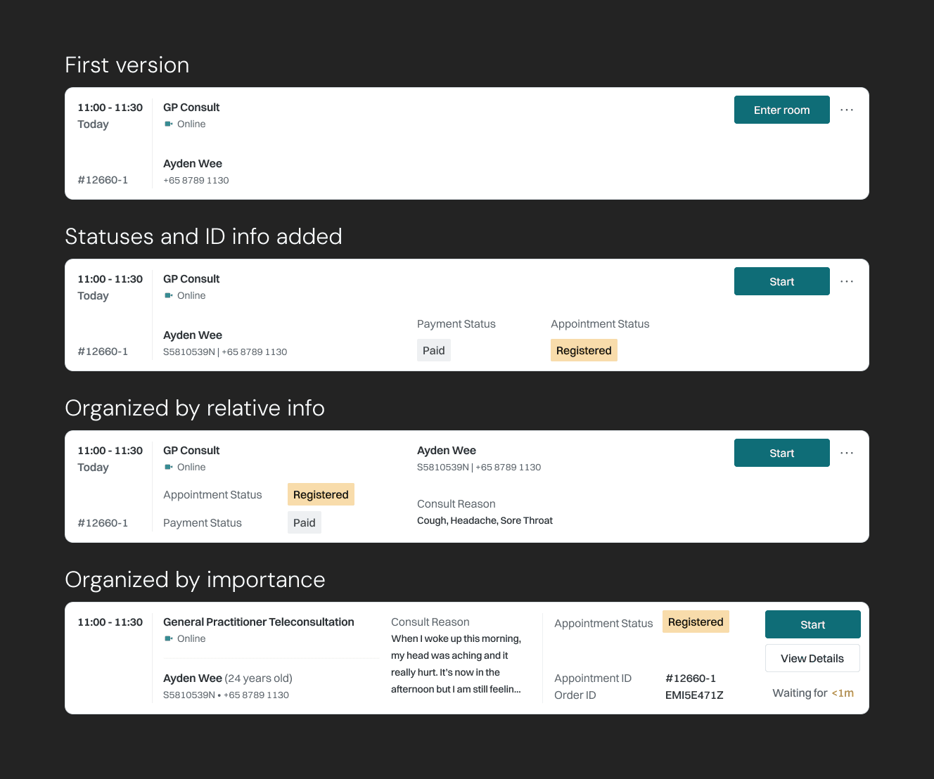 Screenshots of a teleconsultation app prototype illustrating user flow for booking appointments, with detailed steps from the selection of location to the completion of a consultation call.