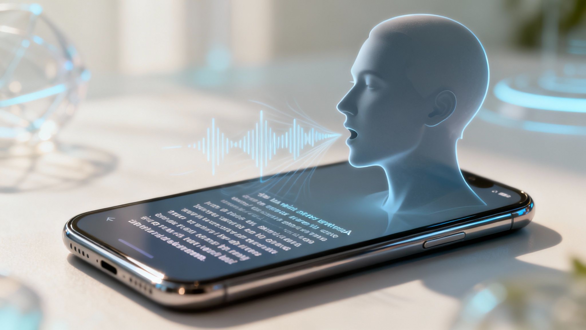 Speak4Me – A person listening to audio on their phone with abstract sound waves in the background.