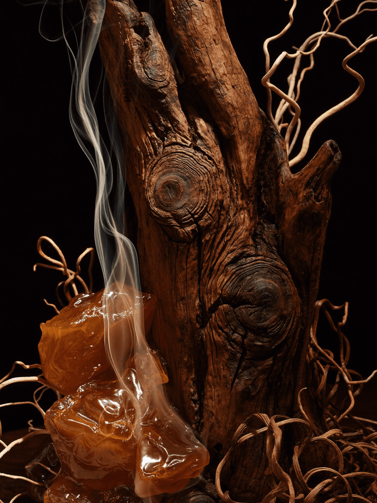 Weathered oud wood with fine roots and glowing amber resin, a thread of incense smoke rising in warm light