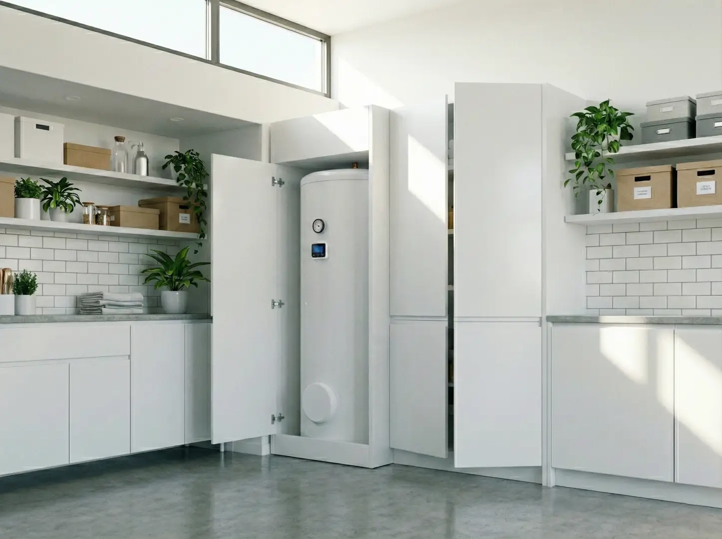 Ballon thermodynamique intégré dans une cuisine moderne blanche. Solution de chauffage Cap2e.