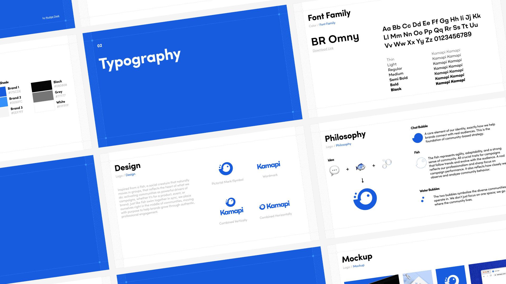 Design slides showcasing typography, font family BR Omny, color swatches, and design philosophy. Blue and white theme with modern style.