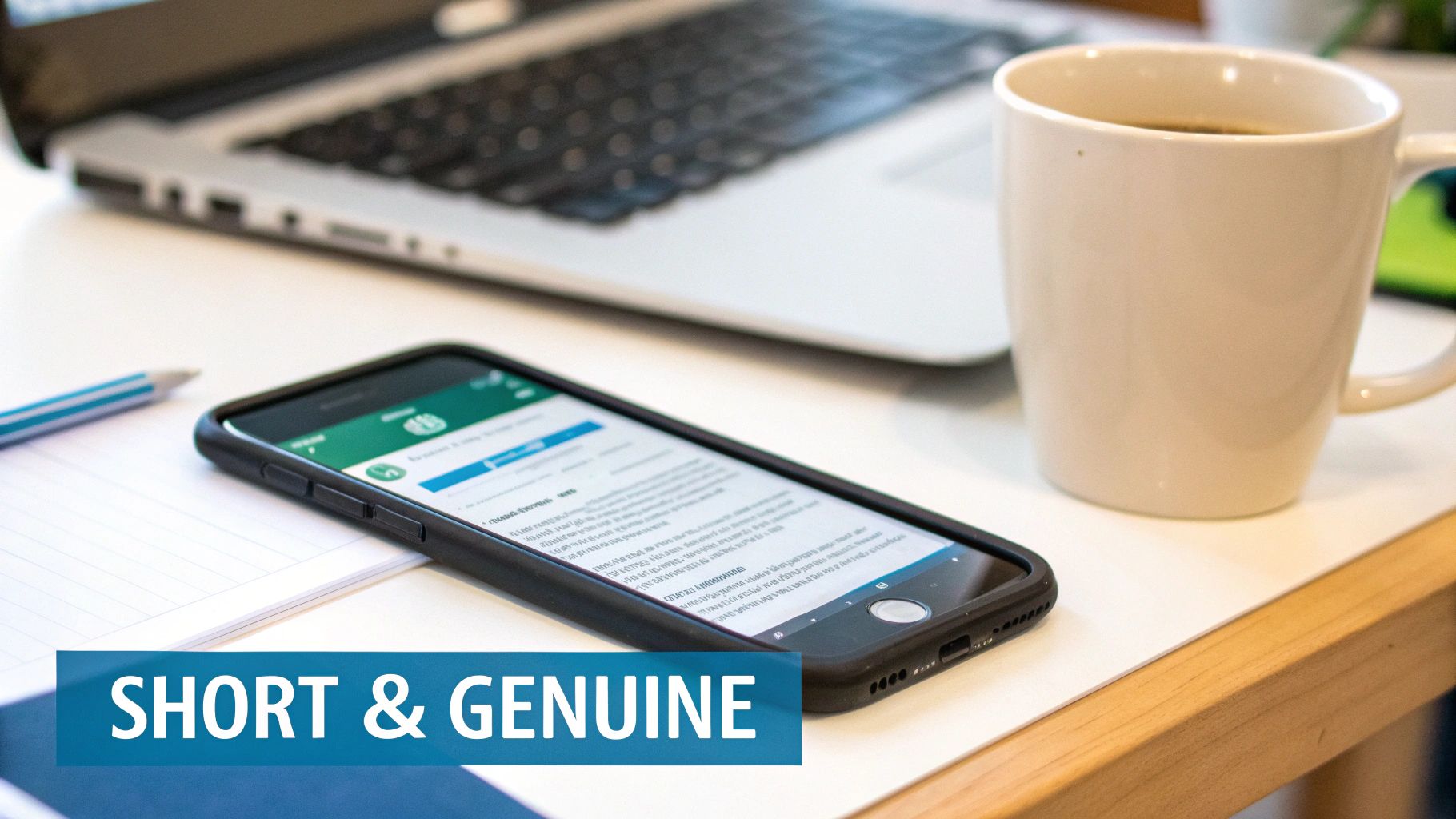 A flat lay of a work desk with a smartphone showing a social media feed, laptop, coffee, and pen.