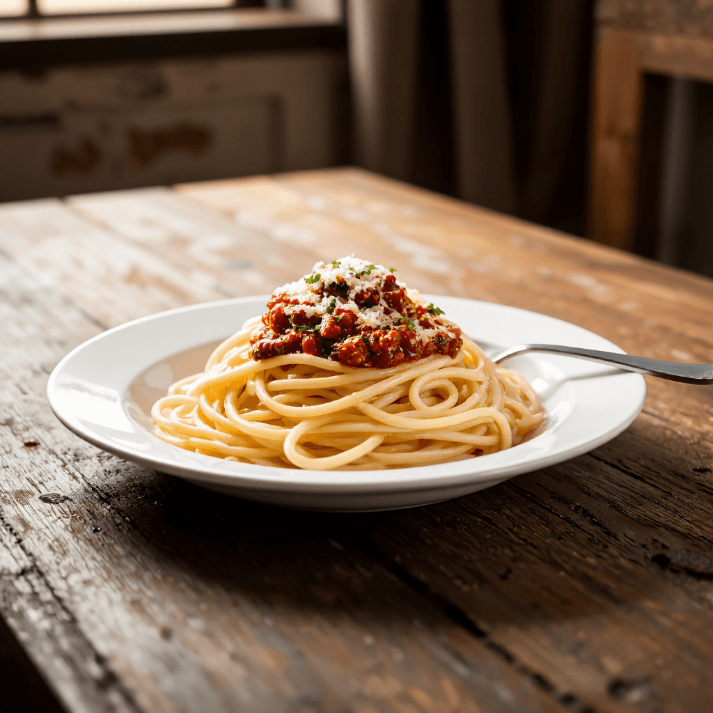 product photography of a plate of spaghetti with meat sauce and cheese
