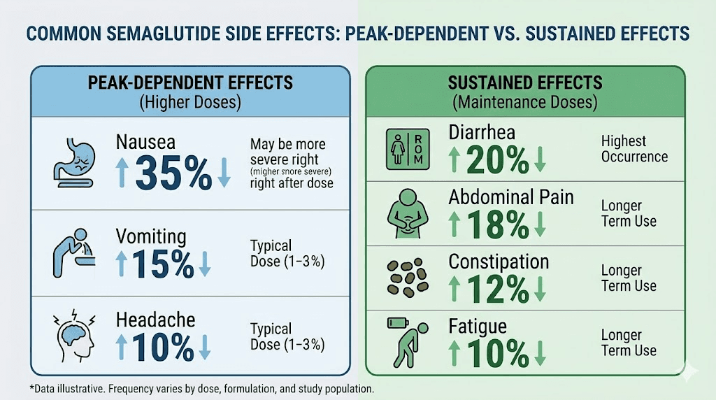 Semaglutide side effects chart showing peak-dependent versus sustained effects