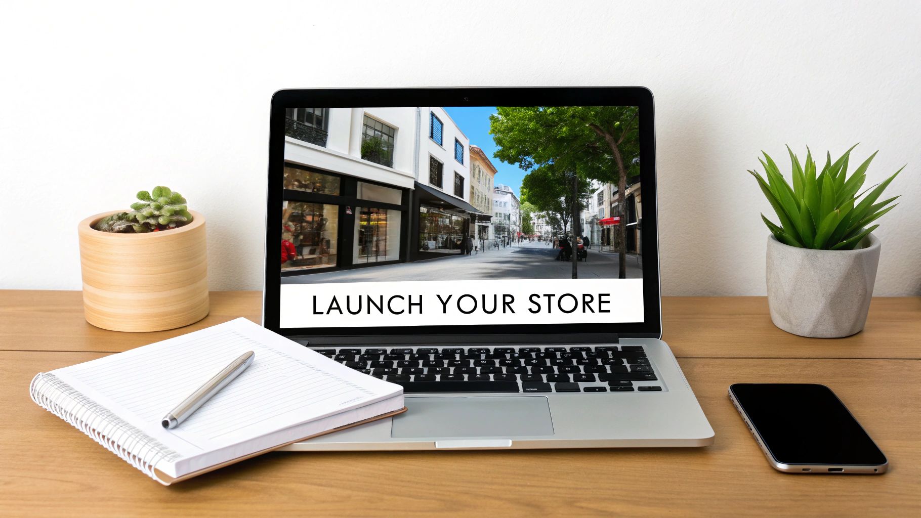 Laptop displaying launch your store text with street shops, notebook and plants on wooden desk