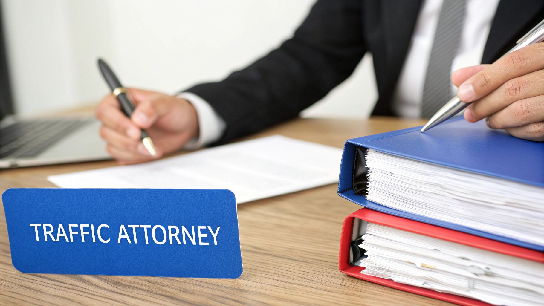 A traffic attorney sits at a desk, reviewing legal documents and files with pens and binders.