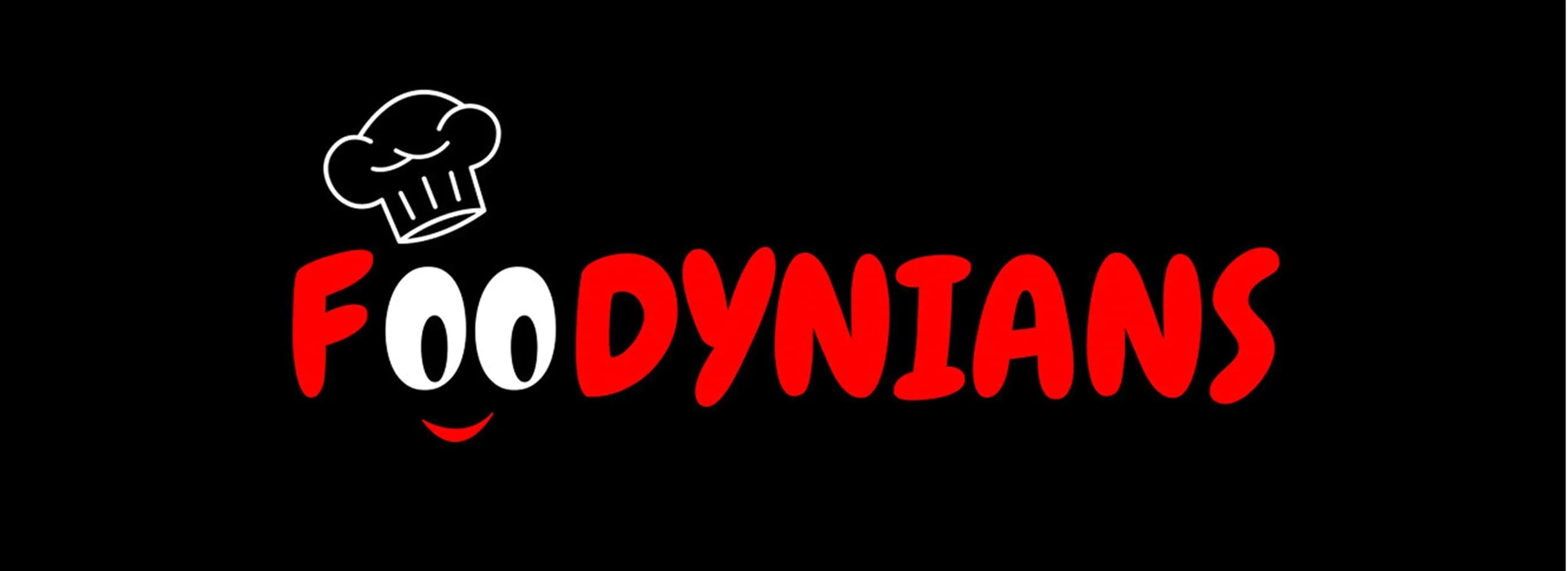 Foodynians logo on a black background, featuring bold red-and-white lettering and a playful chef’s hat icon, creating a fun culinary tone.