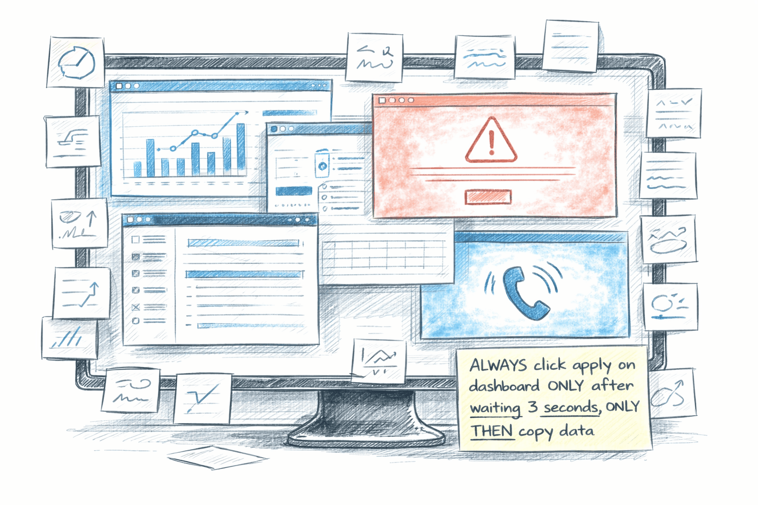 A display filled with many windows and stickies