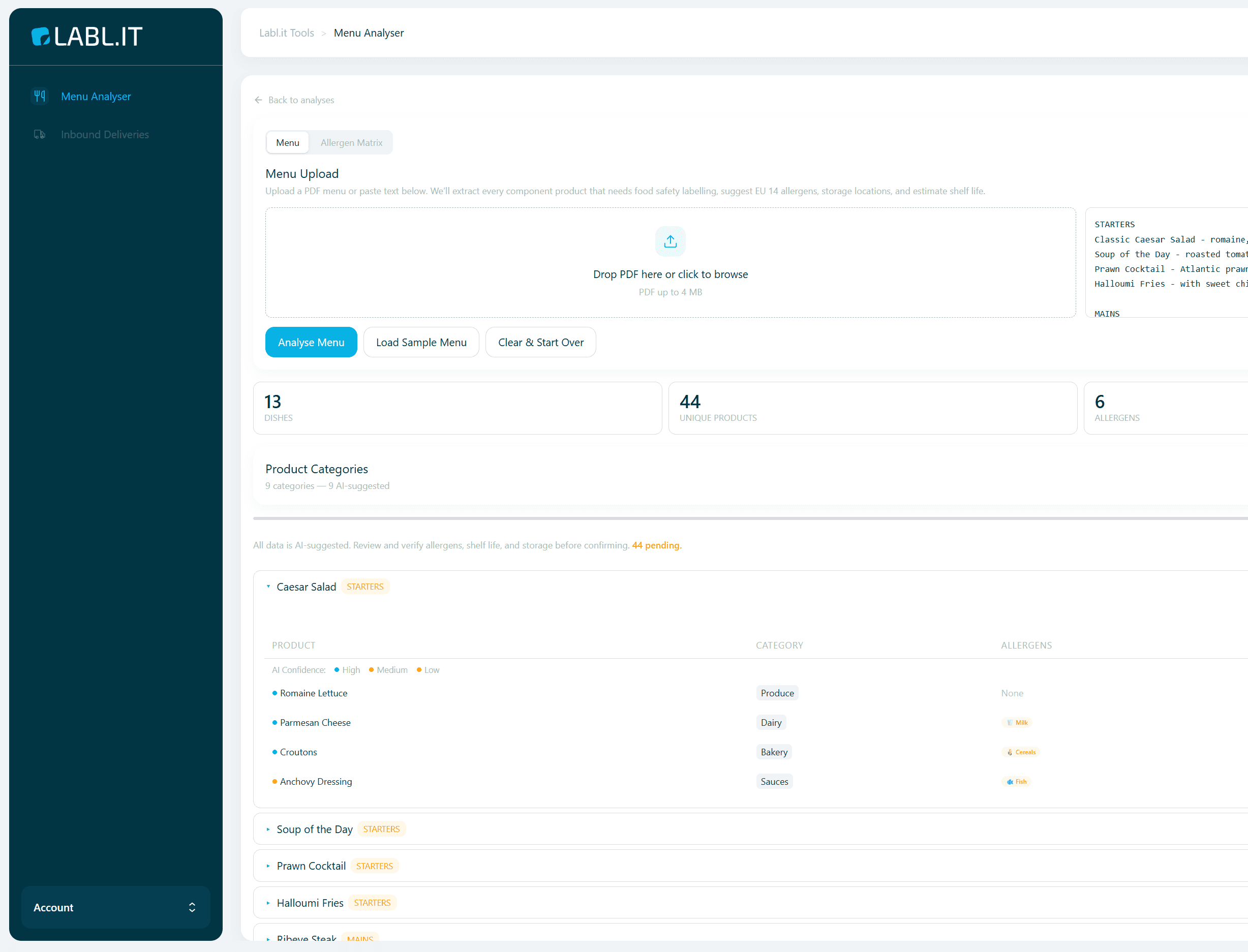 Screenshot of the menu analyser tool