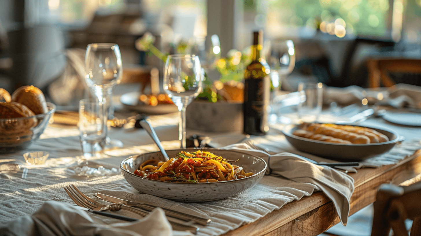 Elegant Italian-inspired private dining setup in a Houston home with handmade pasta dishes, wine, and warm Tuscan ambience.
