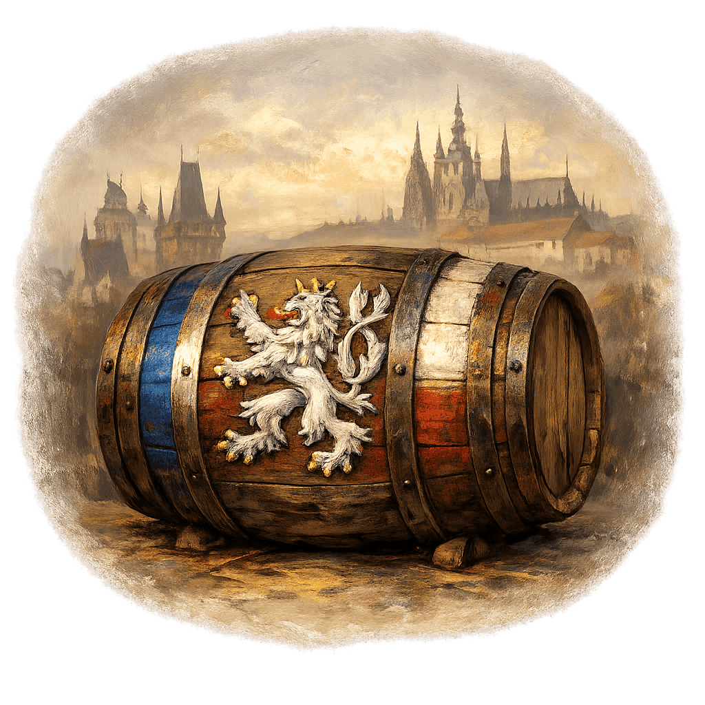 Wine barrel featuring the Czechia national emblem for regional wine education.