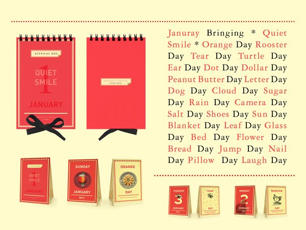 The image displays a collection of red and beige desk calendars for January, each labeled with a day of the week and a corresponding phrase. The calendars include “Quiet Smile 1 January,” “Bringing * Quiet Smile 2 January,” “Orange Day 2 January,” and “Rooster 2 January.” They are arranged in two rows, with some featuring decorative elements like ribbons and bows. The phrase “Day Tear Day Turtle Day” appears on one calendar. The calendars are set against a light beige background with brown dotted lines at the top and bottom. Below the calendars are four smaller images showing different calendar designs.