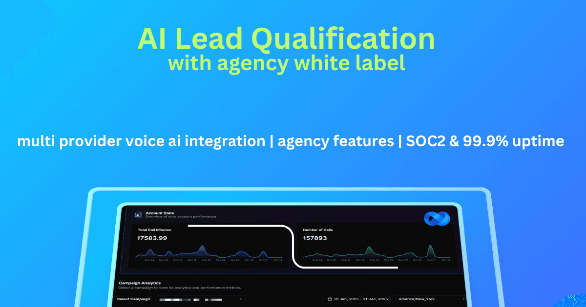 AI lead qualification platform with agency white label - VoiceAIWrapper multi-provider voice AI integration featuring automated lead qualification dashboard showing account stats with 17553.99 total call minutes and 157893 number of calls, campaign analytics for lead qualification automation, SOC2 compliance, 99.9% uptime guarantee, agency features including white label branding, automated lead scoring, AI-powered lead qualification workflows, inbound and outbound lead qualification, prospect identification, conversion tracking, and enterprise-grade voice AI integration with Retell, VAPI, Deepgram, Bolna, UltraVox for scalable AI lead qualification. | VoiceAIWrapper