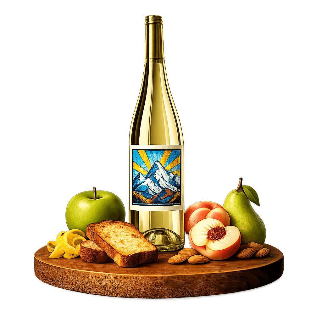 Artistic label and flavor profile for Chilean Sparkling Wine on a rustic wooden table.