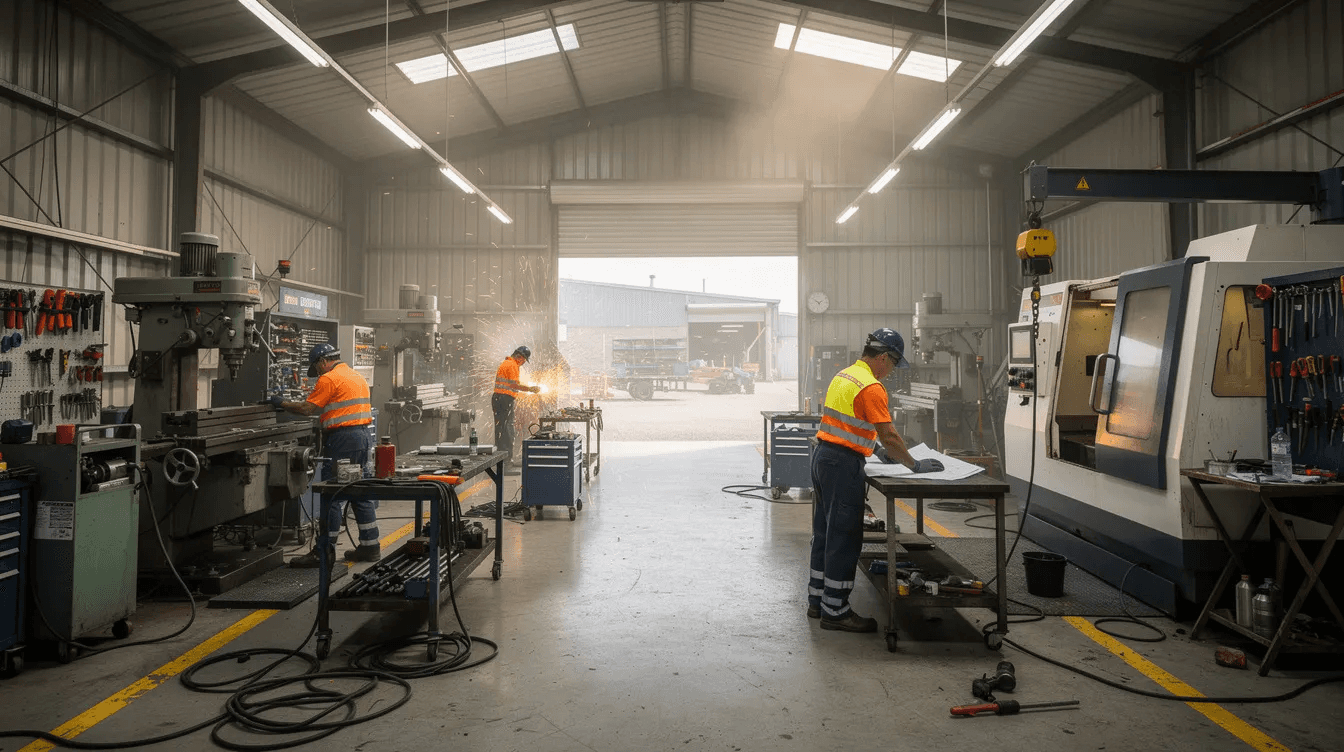 The image depicts the interior of a bustling Australian workshop filled with various machinery and workers actively engaged in tasks. The environment highlights the importance of asset finance, as businesses utilize equipment and tools to enhance productivity and support their growth.