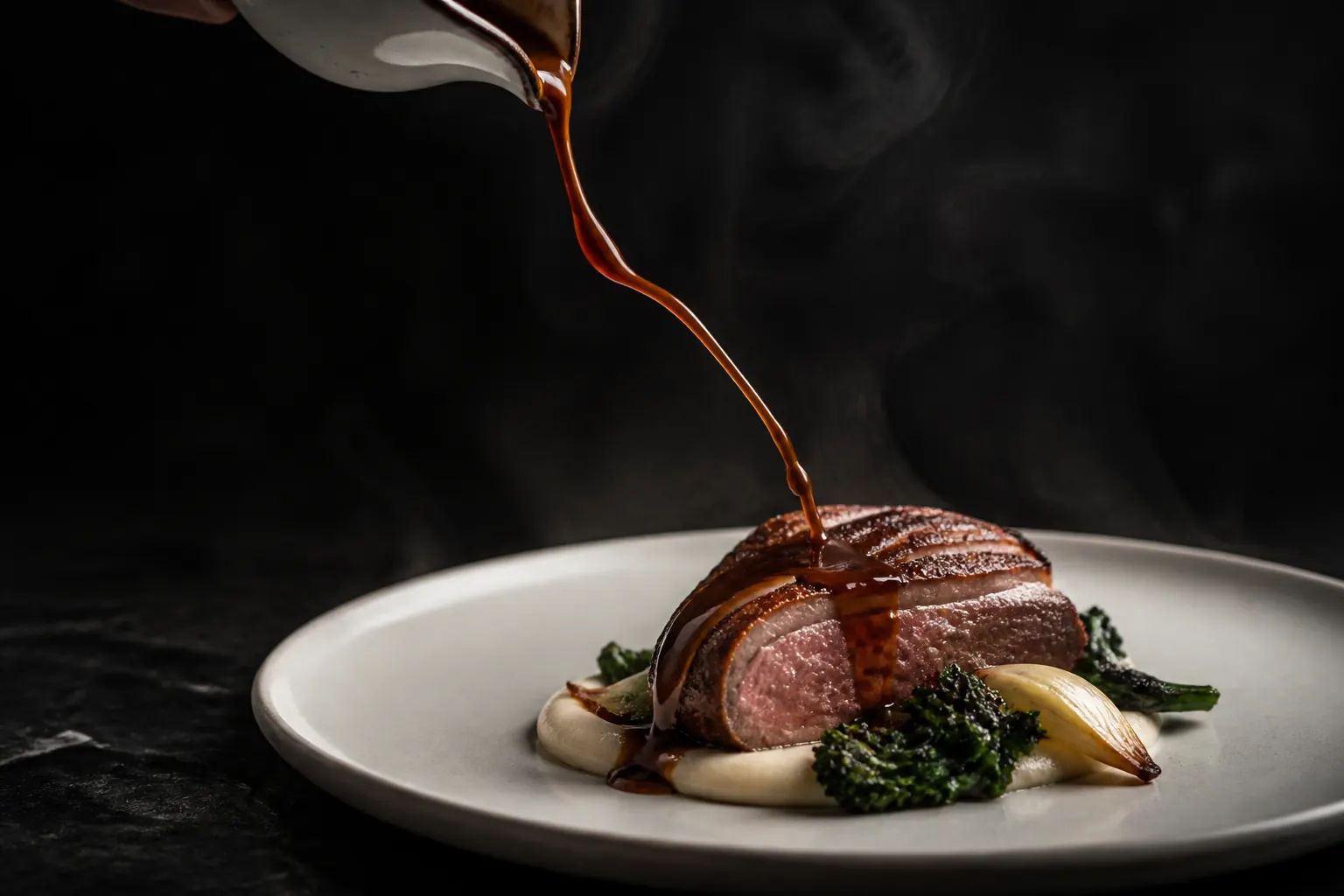 Sauce being poured over a plated dish
