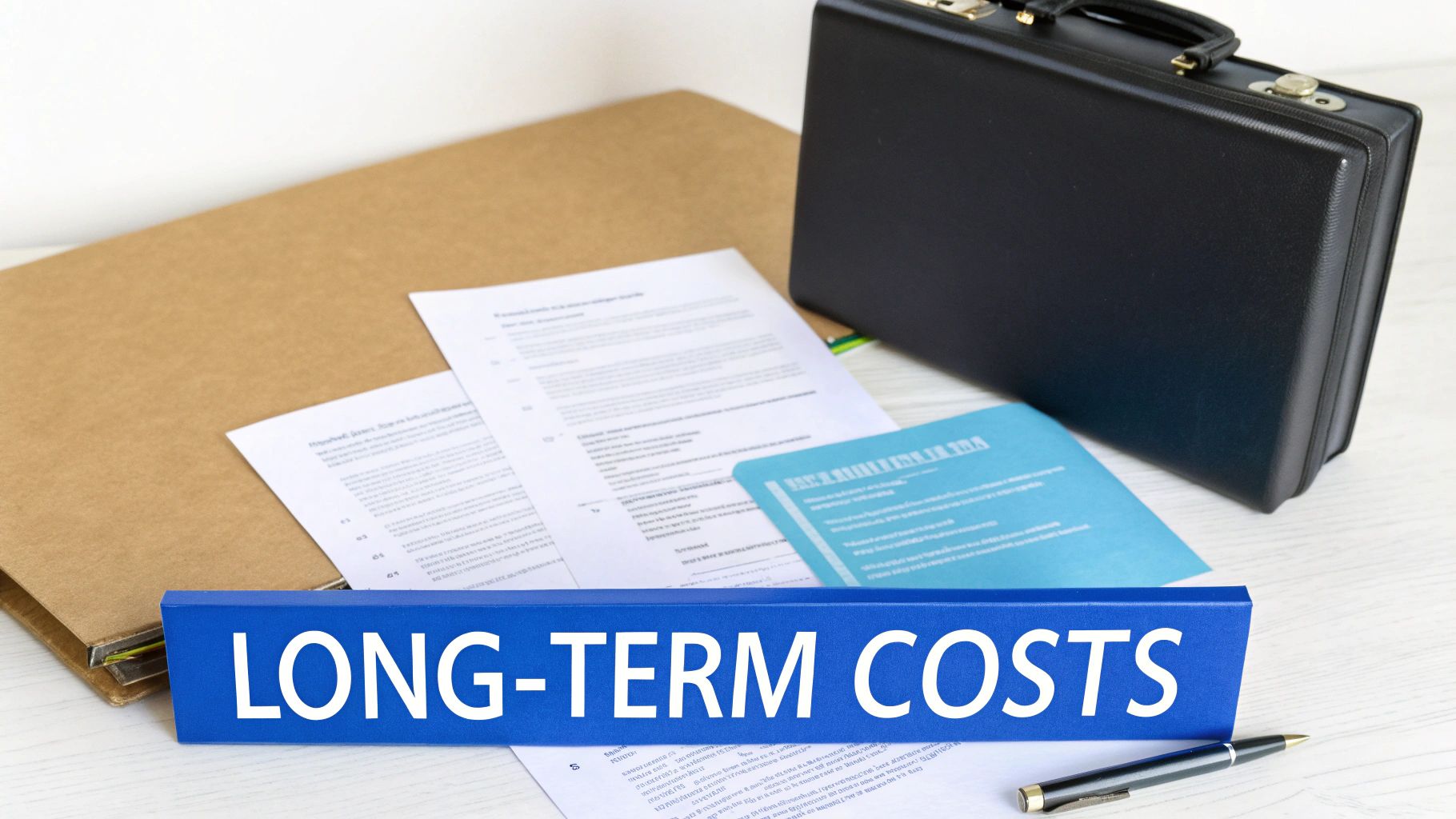 A blue sign with 'LONG-TERM COSTS' on a desk with business documents, a briefcase, and a pen.