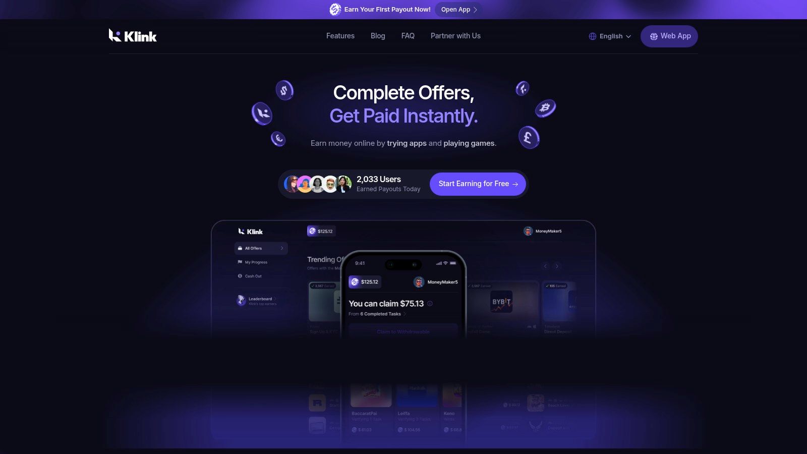 A user earning money from their phone using the Klink Finance app