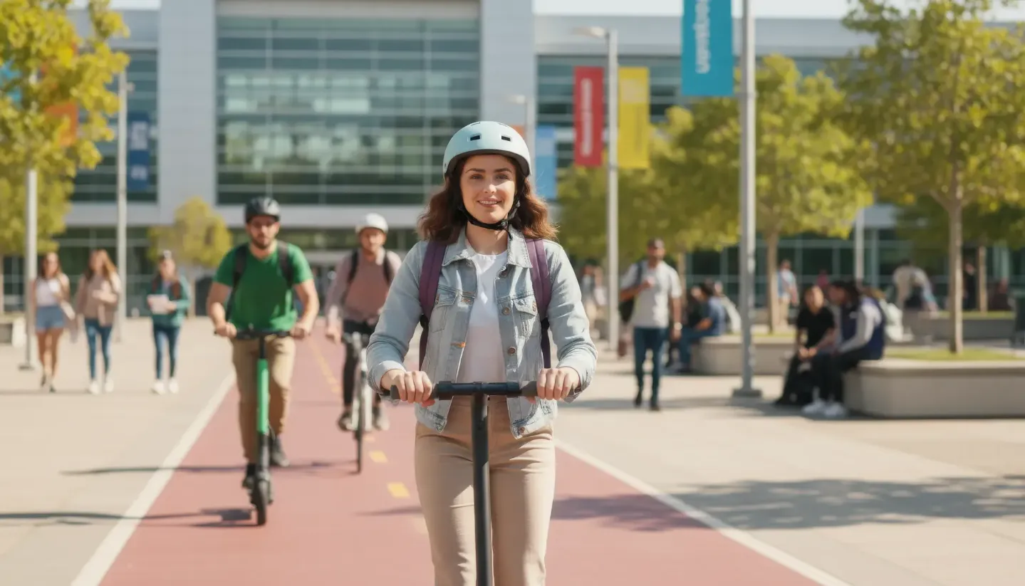 Joven conduciendo su patinete eléctrico de forma segura en una zona peatonal. Seguro para VMP y patinetes Allianz en Murcia gestionado por la agencia local AMB Seguros.