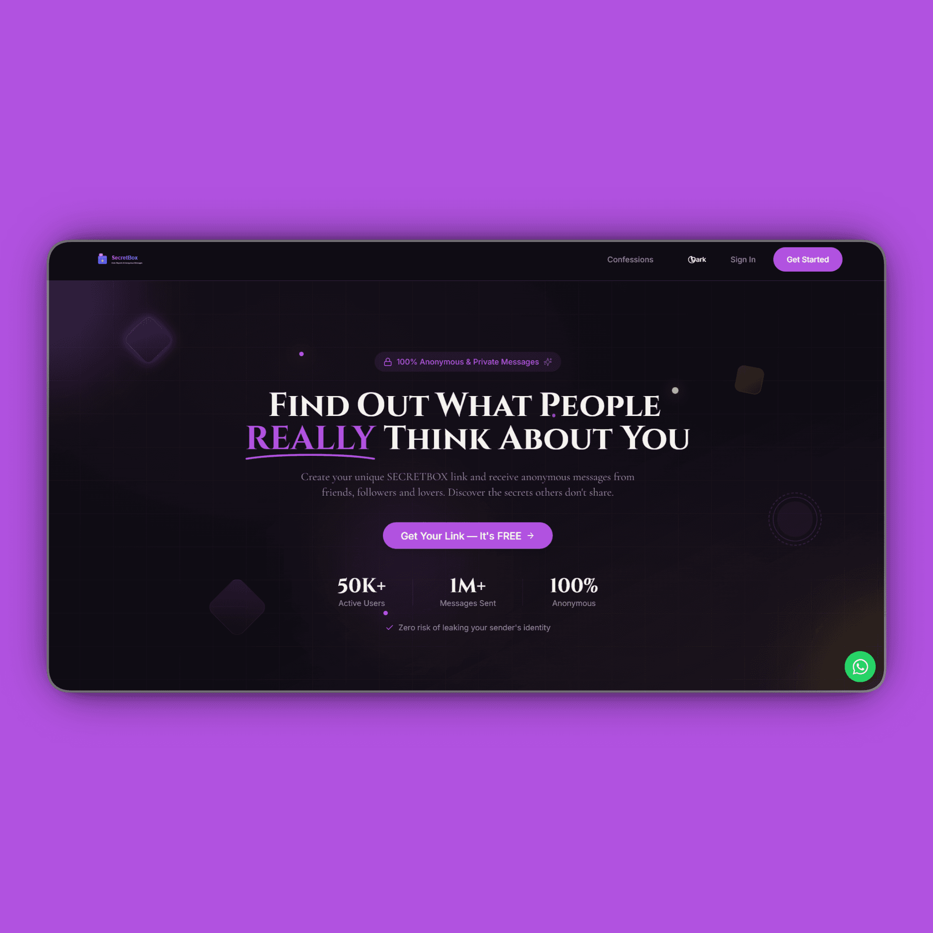 Secret box is platform to get mystical insights from palmistry to numerolog. Mockup with Violet Gradient Background.