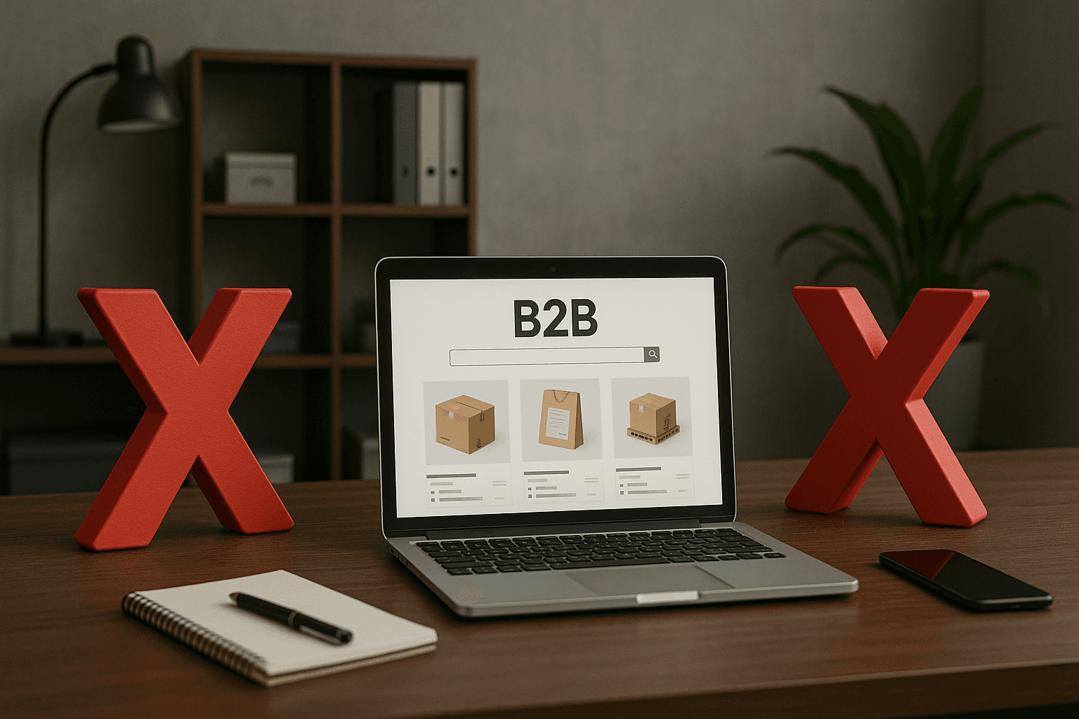 Mesa de escritório com laptop exibindo portal de vendas B2B cercado por símbolos de rejeição em 3D, representando vendedores boicotando o uso do portal e desafios na adoção digital em distribuidoras e indústrias.