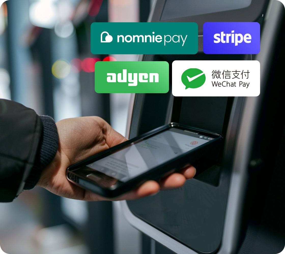 payment terminal integration with nomnie pay, stripe adyen livenpay and wechat pay