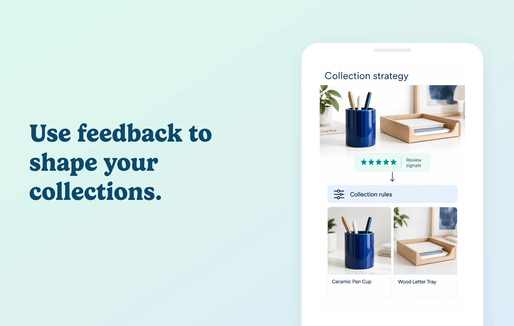 Judge.me and Kimonix integration: illustration of review signals feeding collection rules that organise two stationery products.