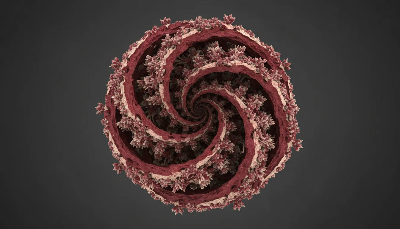 High-detail 3D render of an abstract, organic fractal structure, Houdini style procedural generation. The object features intricate, layered folds with complex, coral-like crystalline growth on its surface. The color palette combines deep crimson red and fleshy pink with creamy, bone-white highlights. The entire structure has a matte, highly textured finish. Lit with soft global illumination that creates dramatic shadows in the deep crevices, the form floats against a simple, dark charcoal gradient background.