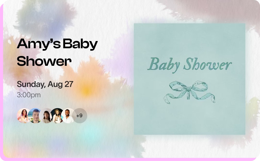 A colorful baby shower invitation with playful designs and text inviting guests to celebrate a new arrival.