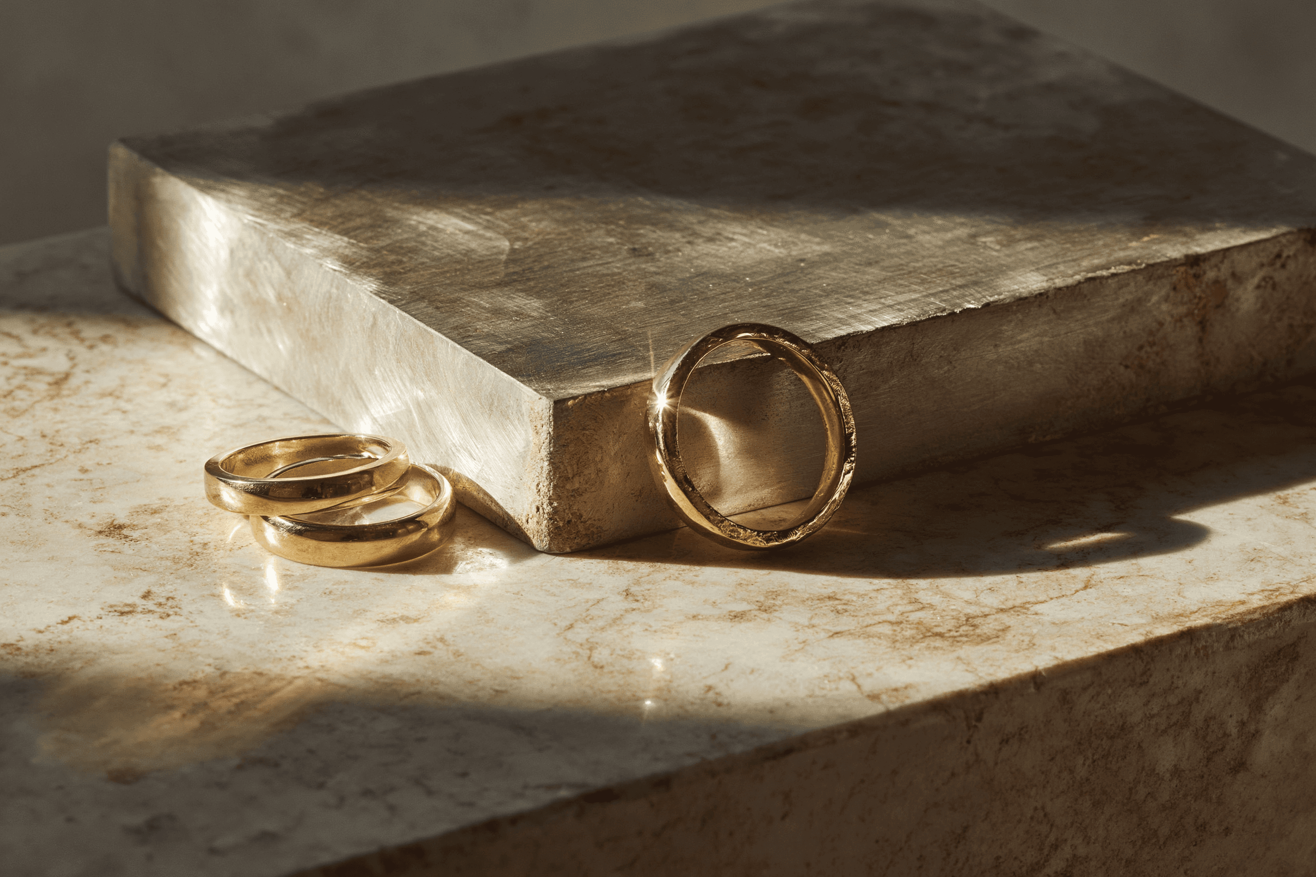 Three gold vermeil rings displayed on textured stone surfaces in warm, dramatic lighting, showcasing the jewelry's polished finish and craftsmanship.