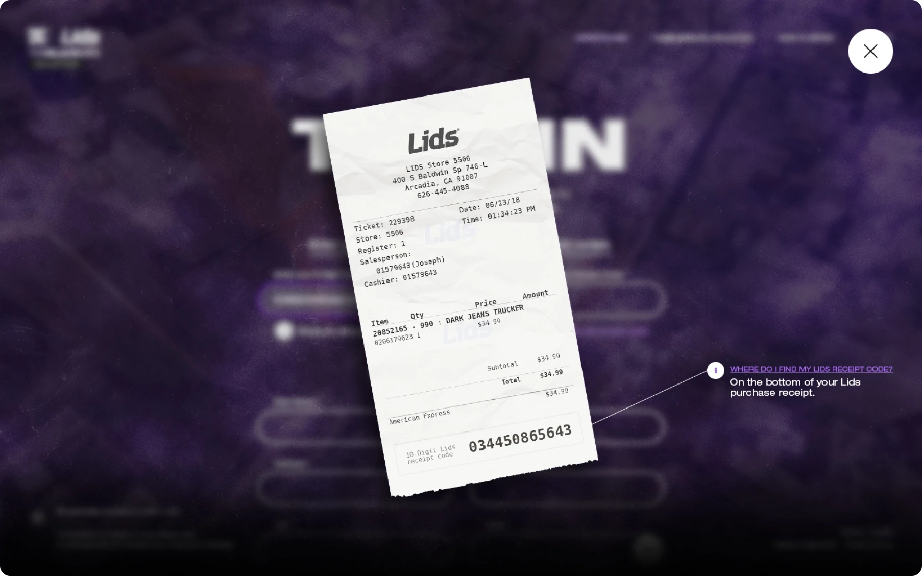 A tilted Lids store receipt floats over a dark purple background, showing purchase details and a barcode; the tone is promotional and informational.