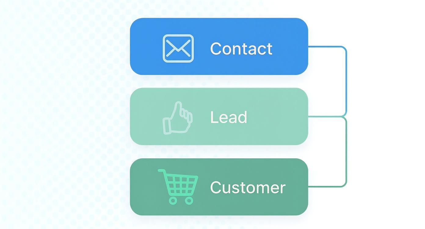 A diagram illustrating the progression of a sales funnel from contact to lead to customer.