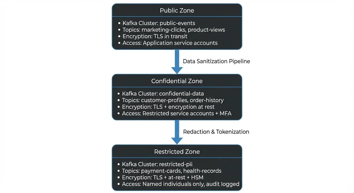 For streaming platforms like Apache Kafka, trust zones often translate to **dedicated clusters**