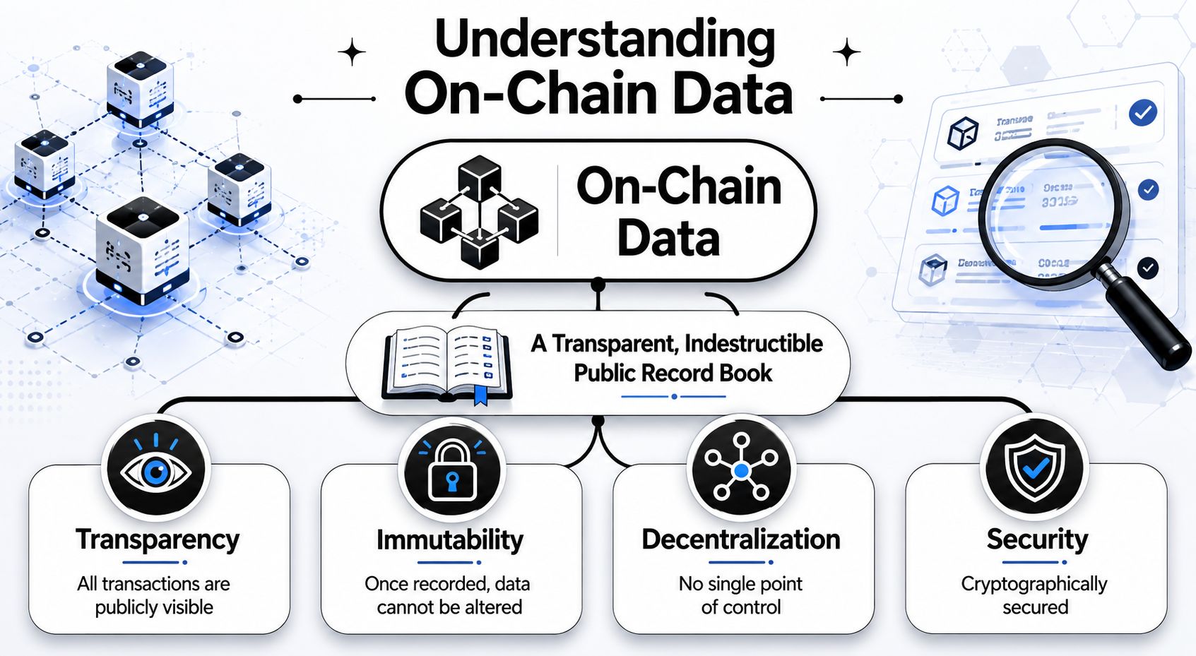 An infographic titled Understanding On-Chain Data featuring icons for transparency, immutability, decentralization, and security.
