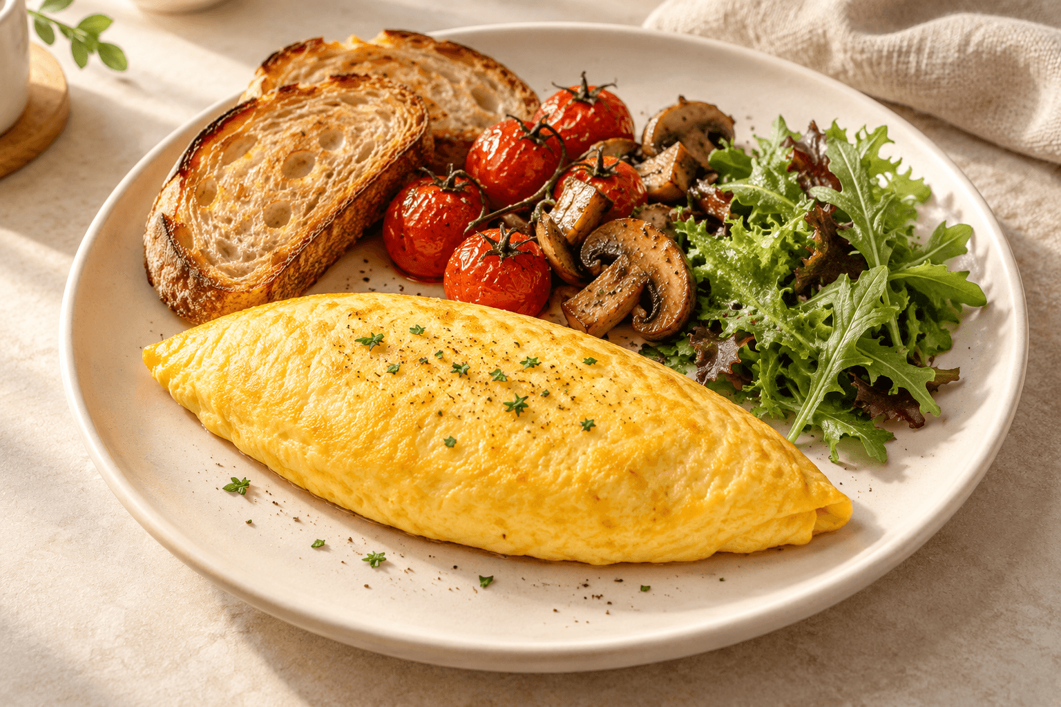 Golden omelette with sourdough toast, roasted tomatoes, sautéed mushrooms and leafy salad
