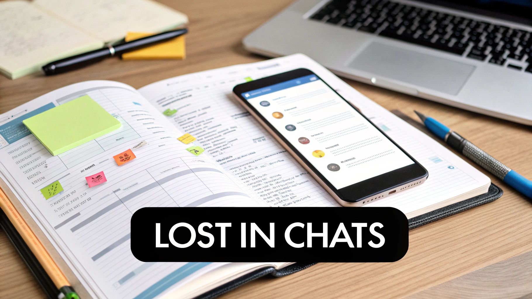 A smartphone open to a chat app lies on a physical planner, showing digital distraction.